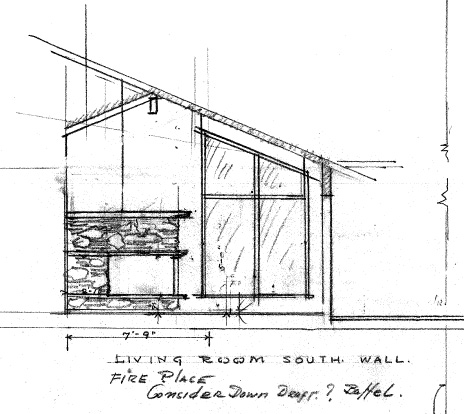 fireplace-elevation-detail A detail from Birkmeier drawings for a mid-1960s ranch house in Tigard. The interior stone work, high peaked ceilings and glass are signature elements of Birkemeier's later work. Courtesy of Dan Birkemeier.