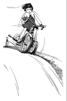 Ramona Rides downhill (is that Regents or maybe NE 37th?) in a drawing by Louis Darling.