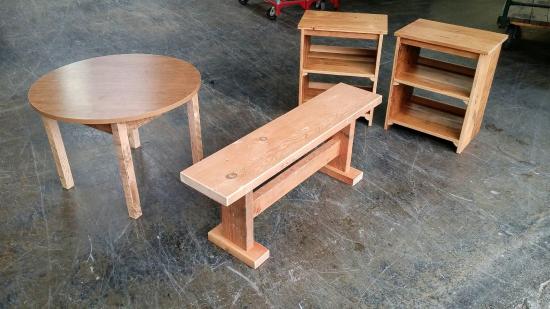 Table, bench and shelves