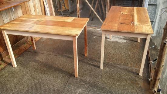 Small dining tables built from salvaged wood
